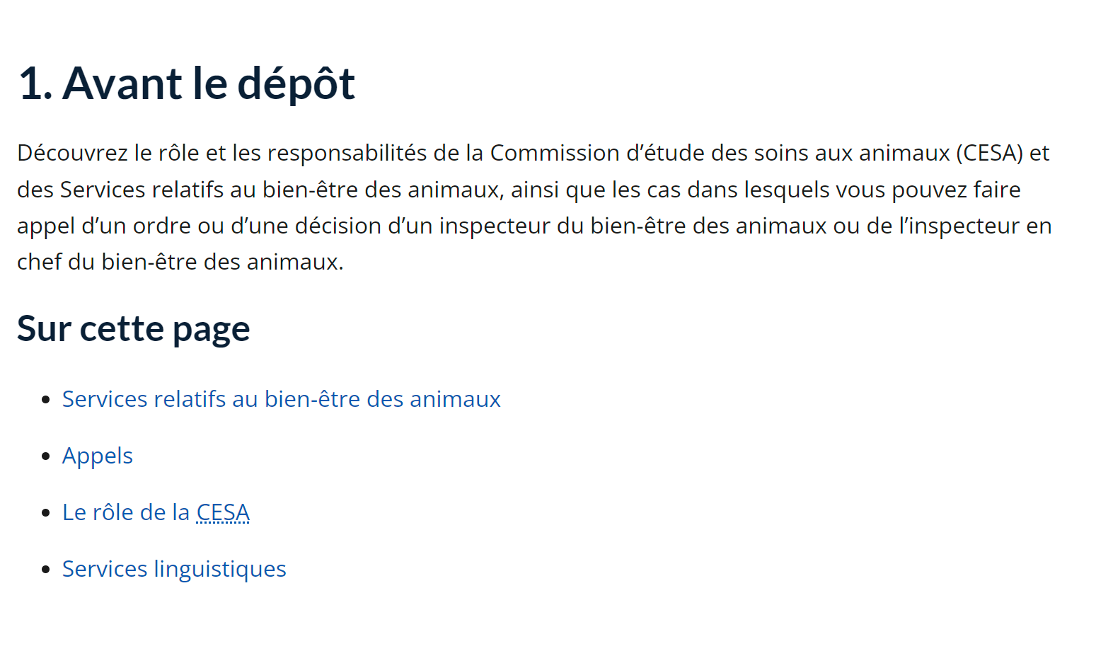 La table des matières de la page « Avant le dépôt » de la Commission d'étude des soins aux animaux. La table des matières comprend une liste de liens vers les différentes sections de la page, notamment « Services relatifs au bien-être des animaux », « Appels », « Le rôle de la CESA » et « Services linguistiques ».